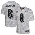 Lamar Jackson Baltimore Ravens Nike Youth 2024 Salute to Service Game Jersey - Arctic Camo