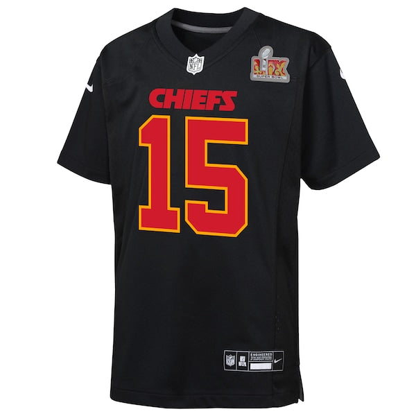 Patrick Mahomes Kansas City Chiefs Nike Youth Super Bowl LIX Patch Fashion Game Jersey - Carbon Black