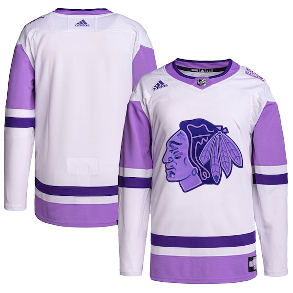 Chicago Blackhawks adidas Hockey Fights Cancer Primegreen Authentic Blank Practice Jersey - White/Purple