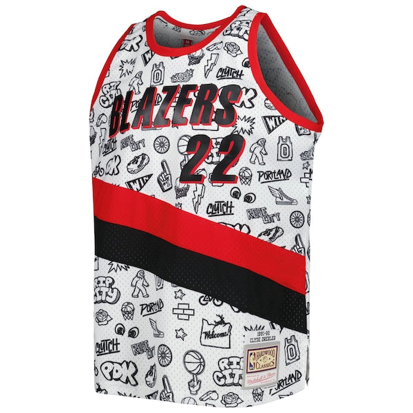 Clyde Drexler Portland Trail Blazers 1991/92 Hardwood Classics Doodle Swingman Player Jersey - White