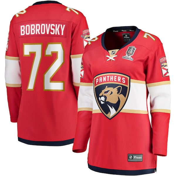 Sergei Bobrovsky Florida Panthers  Women's Home 2024 Stanley Cup Champions Breakaway Player Jersey – Red