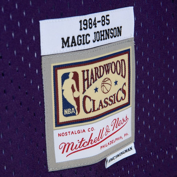Magic Johnson Los Angeles Lakers 1984/85 Hardwood Classics Fadeaway Swingman Player Jersey - Purple/Black/Gold