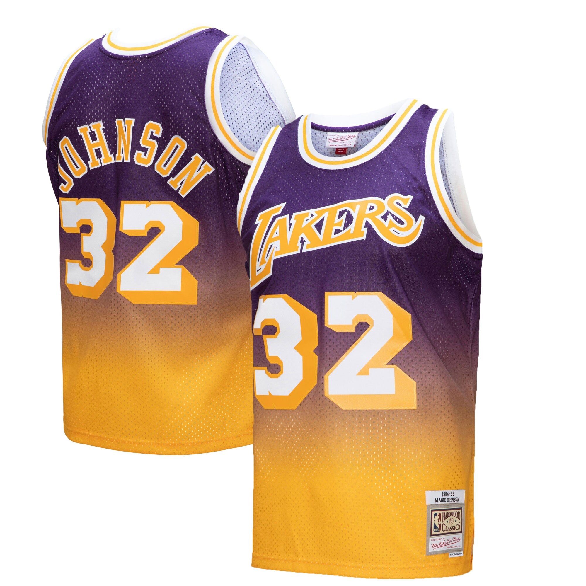 Magic Johnson Los Angeles Lakers 1984/85 Hardwood Classics Fadeaway Swingman Player Jersey - Purple/Black/Gold
