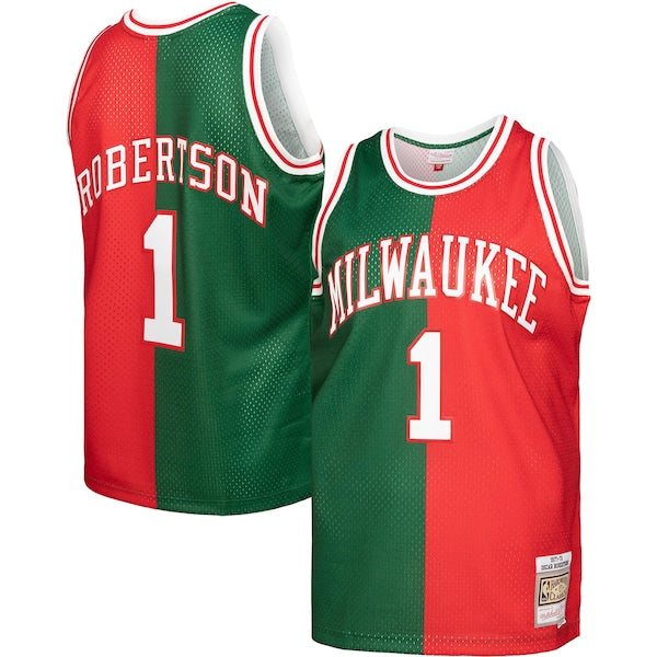 Oscar Robertson Milwaukee Bucks Hardwood Classics 1971/72 Split Swingman Jersey - Green/Red