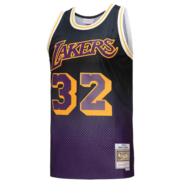 Magic Johnson Los Angeles Lakers 1984/85 Hardwood Classics Fadeaway Swingman Player Jersey - Purple/Black/Gold