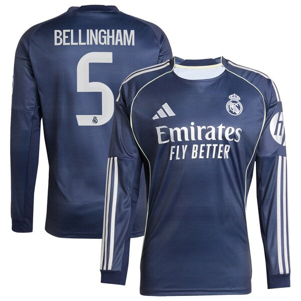 Jude Bellingham Los Merengues 2025/26 Away Long Sleeve Replica Jersey - Blue/White