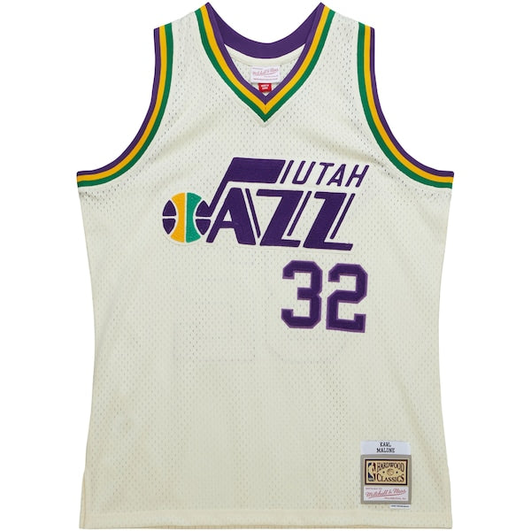 Karl Malone Utah Jazz Chainstitch Swingman Jersey - Cream