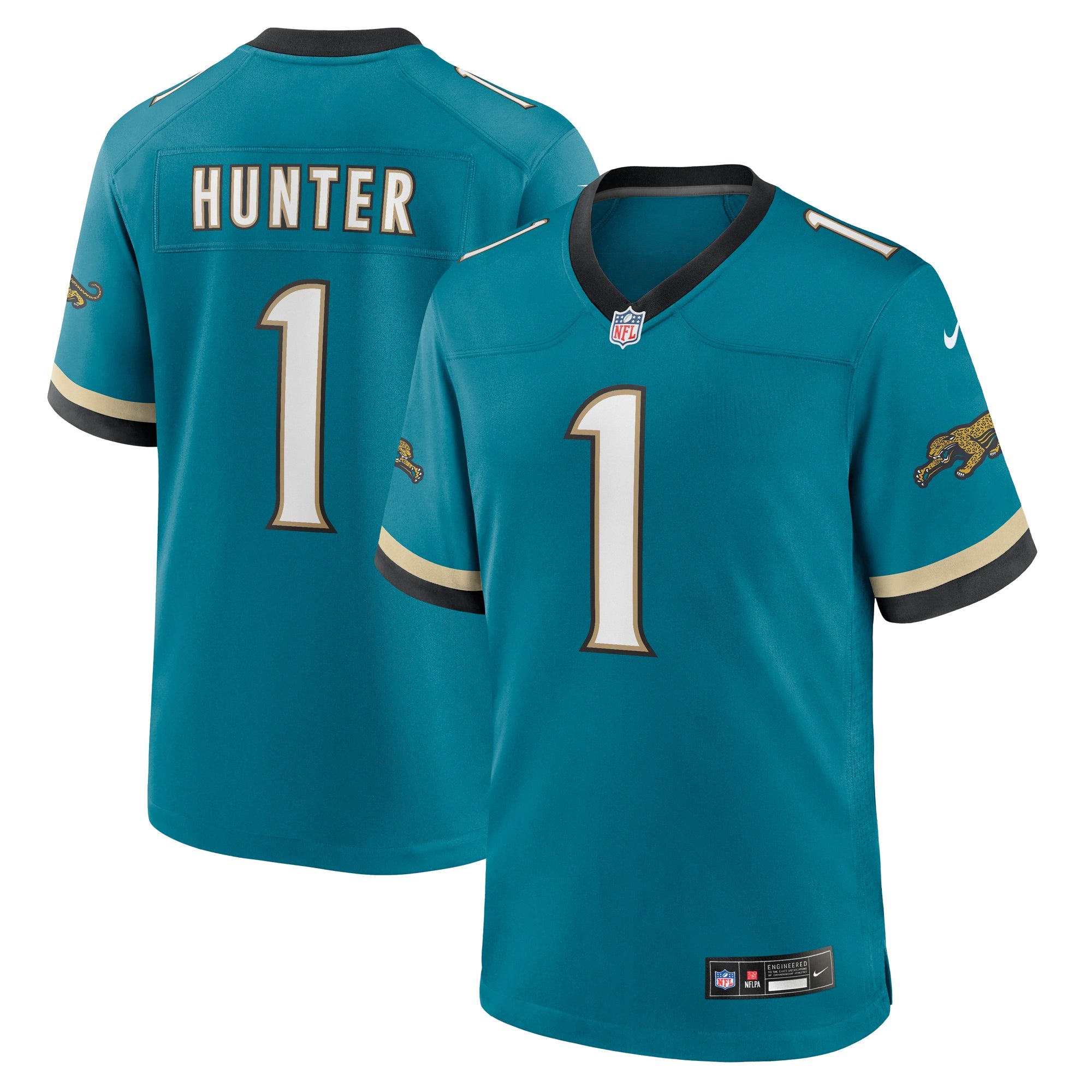 Travis Hunter Jacksonville Jaguars Nike 2025 NFL Draft First Round Pick Game Player Jersey - White/Black/Teal