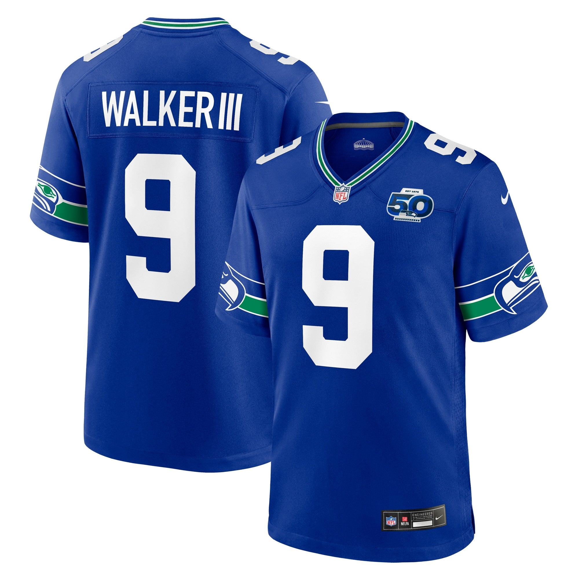 Kenneth Walker III Seattle Seahawks Nike 50th Season Game Jersey - White/College Navy/Royal