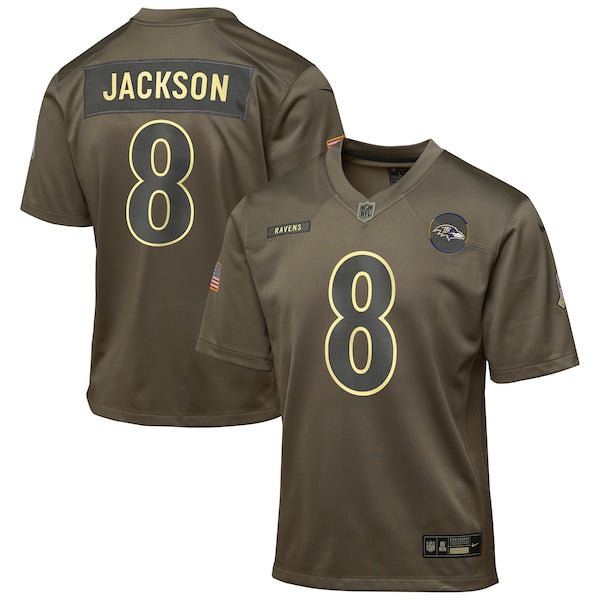 Lamar Jackson Baltimore Ravens Nike Youth 2025 Salute to Service Game Jersey - Olive