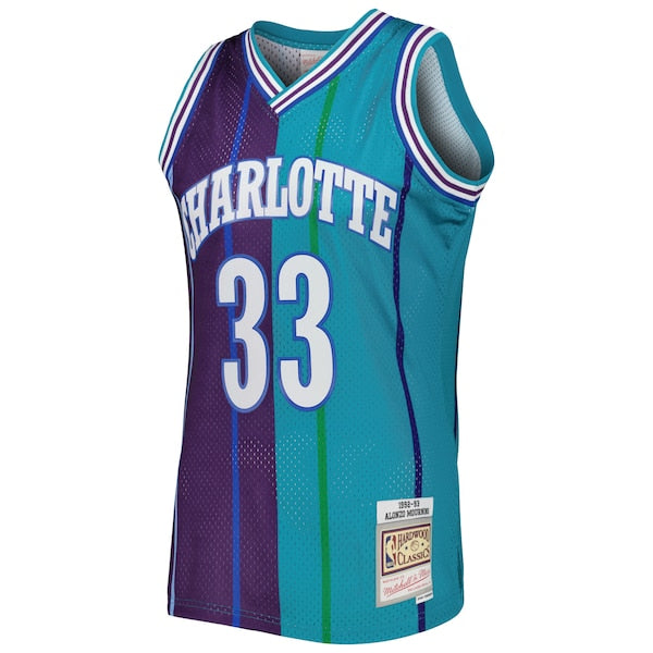 Alonzo Mourning Charlotte Hornets Hardwood Classics 1992/93 Split Swingman Jersey - Teal/Purple